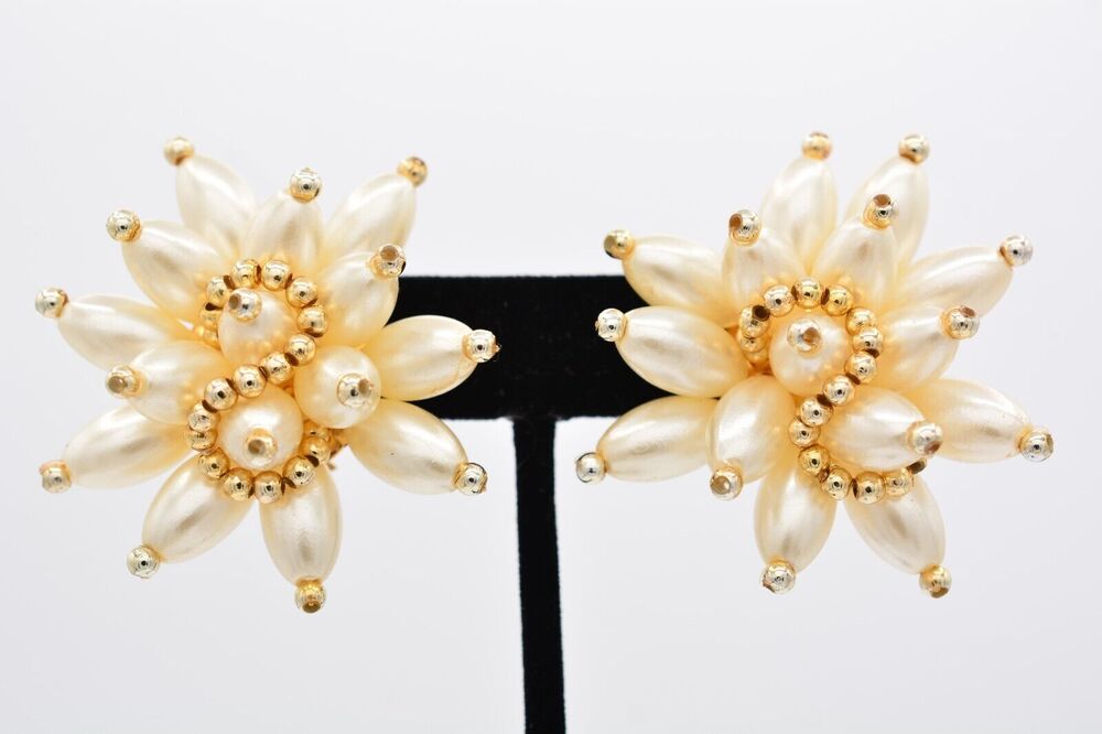 Vintage Starburst Clip On Earrings Flower Gold Beaded Cluster Chunky 1980s BinAA